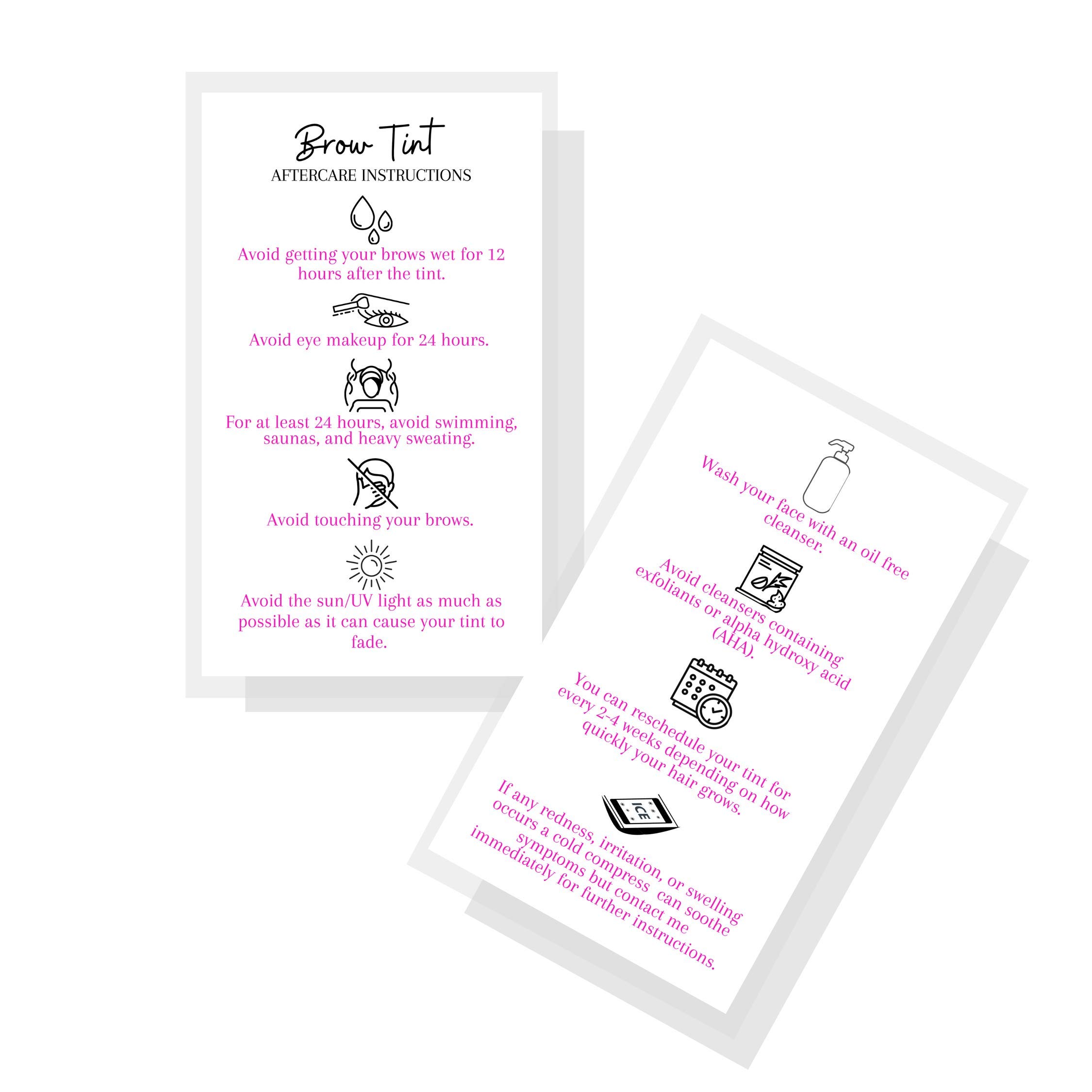Brow Tint Aftercare Instruction Cards | 50 Pack | Physical Printed 2 x 3.5” inches Business Card Size |At Home DIY Brow Tint Henna |Snatched Brows Holographic Look Design (White & Pink)