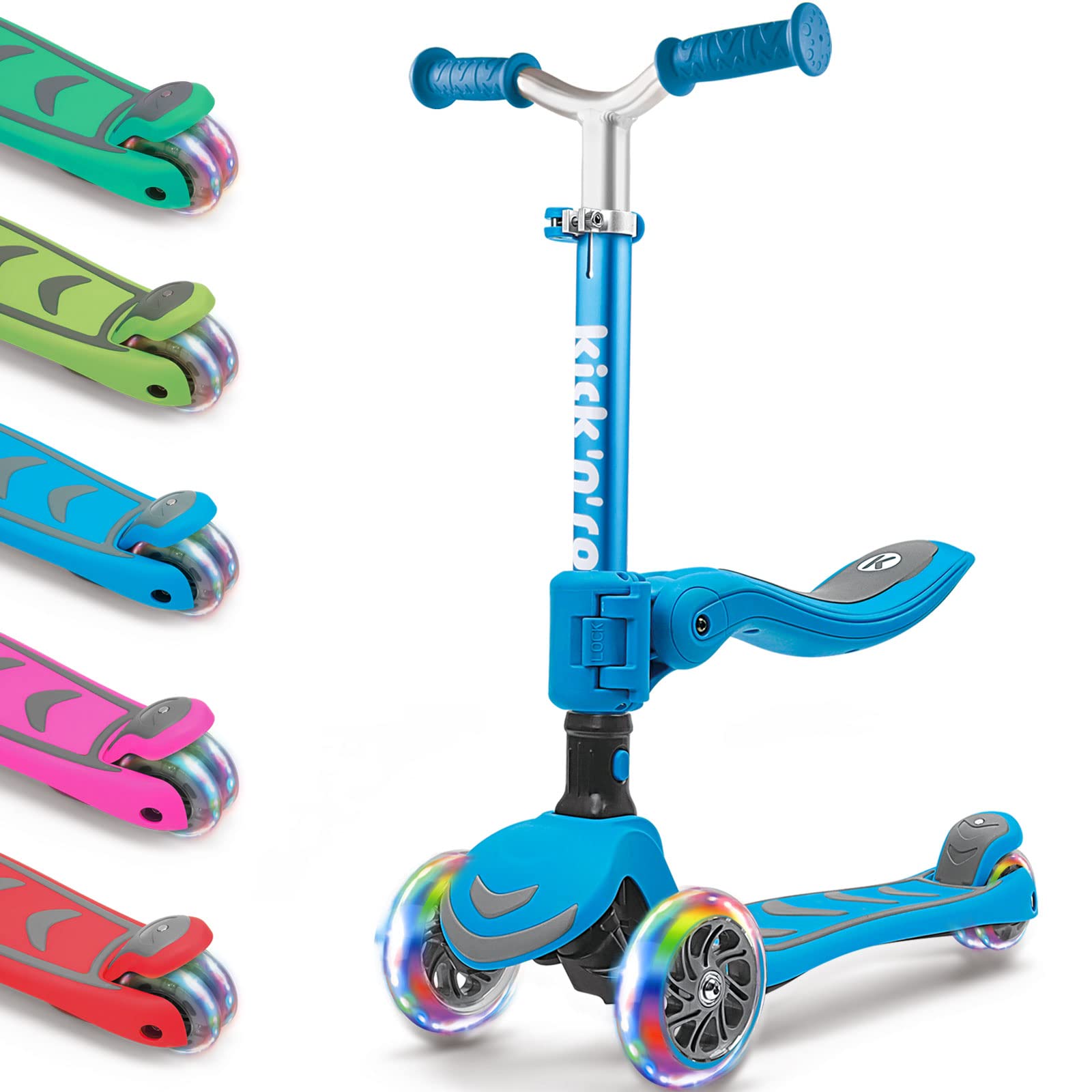 Kicknroll Kick Scooter for Kids Ages 3-8, Foldable 3 Wheel Scooter with Seat, Adjustable Height, Light Up Wheels, Lean to Steer, Anti-Slip Deck for Toddler Boys & Girls