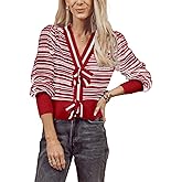 Hacikis Womens Striped Bow Cardigan V Neck Long Sleeve Ribbed Knit Cute Color Block Cropped Y2k Pullover Sweaters