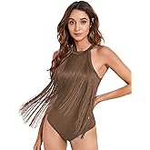 Verdusa Women's Western Fringe Tops Boho Sleeveless Bodycon Halter Bodysuit Top Cowboy Outfits