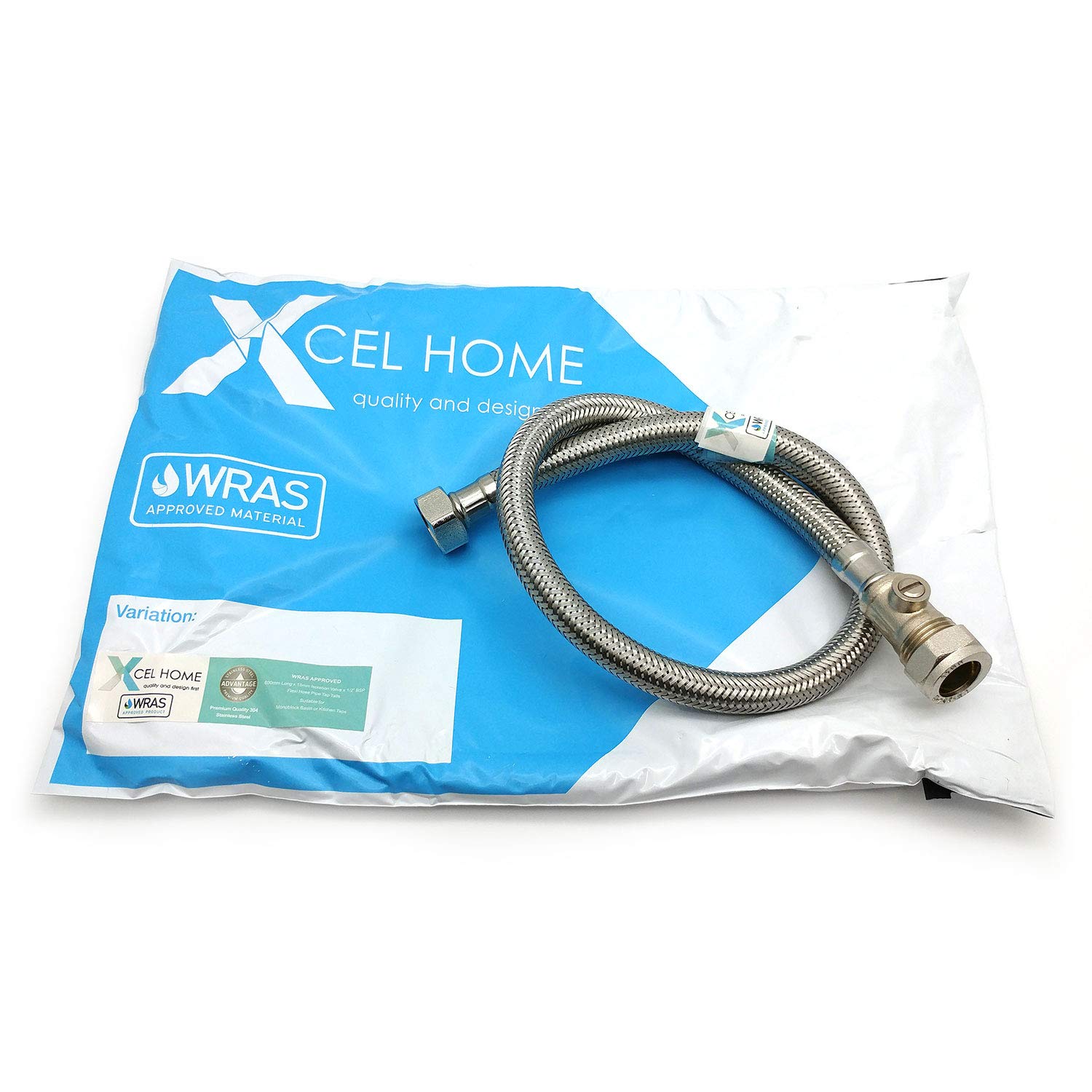 Xcel Home 1 x WRAS Approved 600mm 15mm Compression with Isolation Valve x 1/2" Flexible Pipe Connector | Kitchen Sink/Bathroom Basin Stainless Steel Braided Flexi Connectors