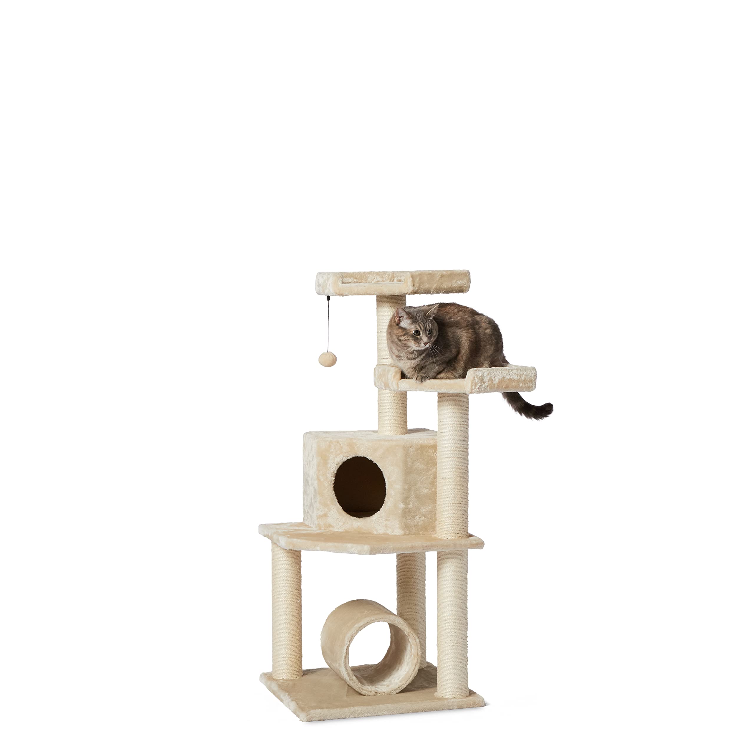Amazon Basics Cat Tree Tower with Tunnel And Scratching Post - 19 x 19 x 43 Inches, XL, Beige