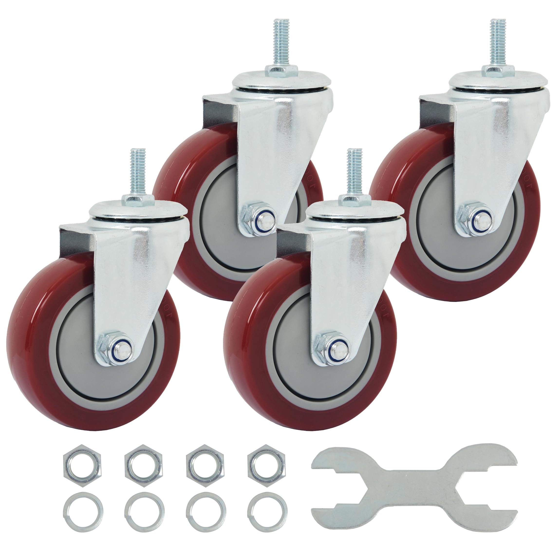 Photo 1 of Finnhomy Swivel Caster Wheels 4 Inch Threaded Stem Casters Set of 4 Heavy Duty 3/8"-16 x 1 Anti-wear Polyurethane Industrial Castor Wheels for Cart/Furniture Load Bearing 2200 Lbs Smooth Casters Red