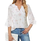 VALOLIA Womens 3/4 Sleeve Tops Dressy Casual Chiffon Blouses Floral Print V-Neck Work Office Shirts