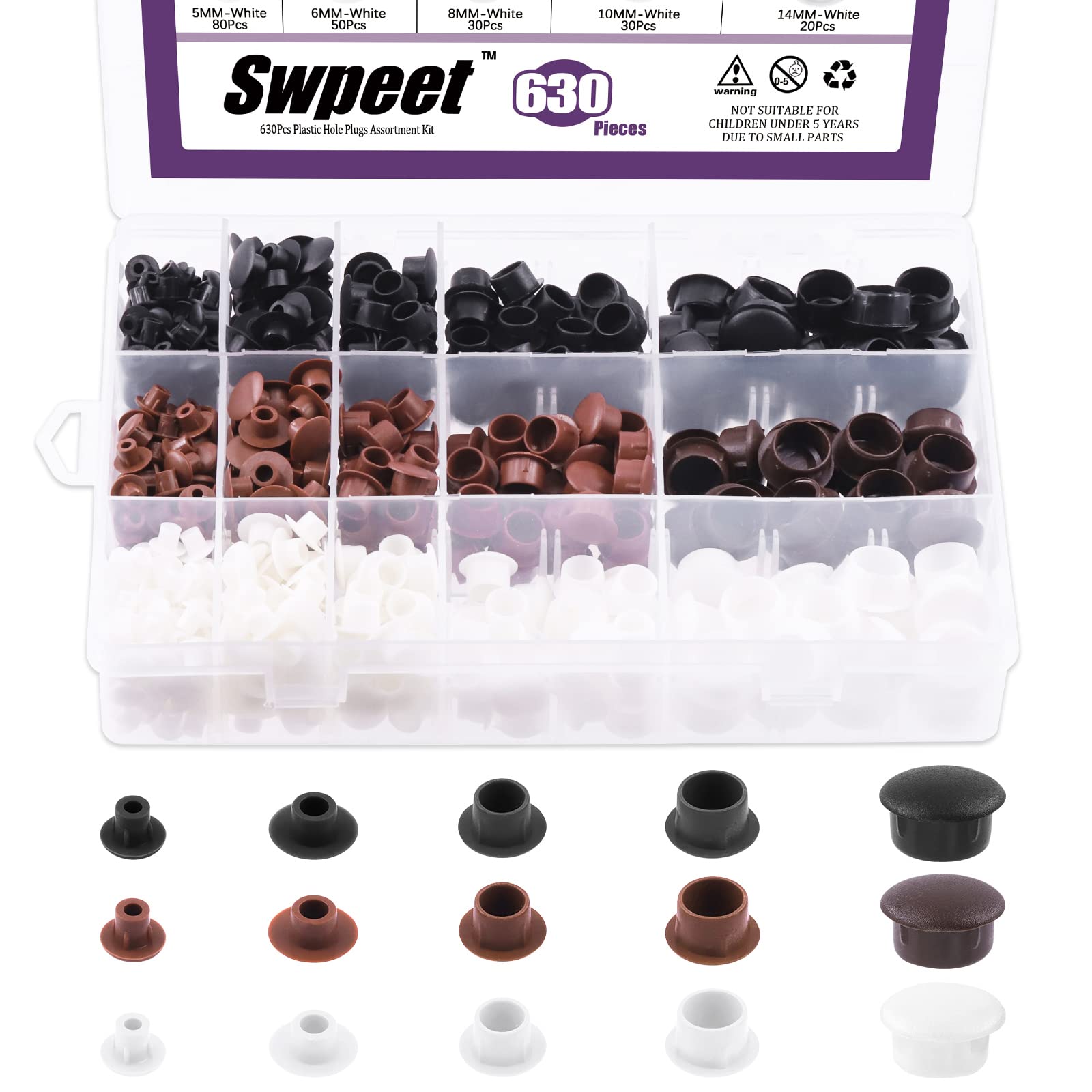 Swpeet 630pcs Plastic Plugs Assortment Kit - White & Black, 1/5" to 1/2" Sizes, Flush Type & Snap-in Locking Hole Plugs