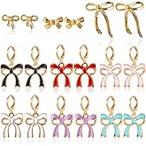 QLYOVWE 9-12 Pairs Gold Bow Earrings Set for Women Colorful Enamel Romantic Ribbon Hoop Earrings Dainty Wedding Party Christmas Jewelry Gift Collection
