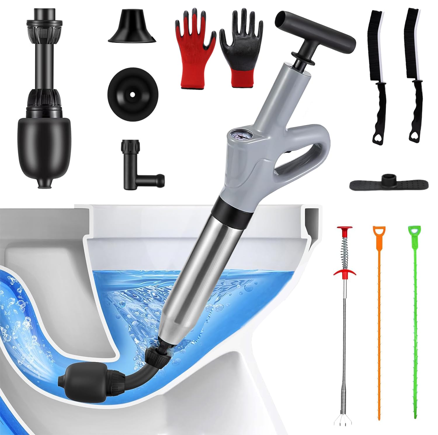 Photo 1 of Toilet Plunger for Bathroom, Heavy Duty Unclogger High Pressure Air Drain Clog Remover with Real-Time Barometer Sink Plunger Drain Hair Unclogger, Toilet Snake for Kitchen Sink, Sewer, Clogged Pipe