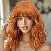 BATISI Short Bob Wig with Bangs for Women Loose Wavy Shoulder Length Ginger Orange Synthetic Colorful Wig for Cosplay Daily Party Use