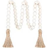 Meplait 39in Wood Bead Garland, Farmhouse Beads with Tassels, Natural | Boho Wall Hanging Home Decor, Handmade Natural Wooden