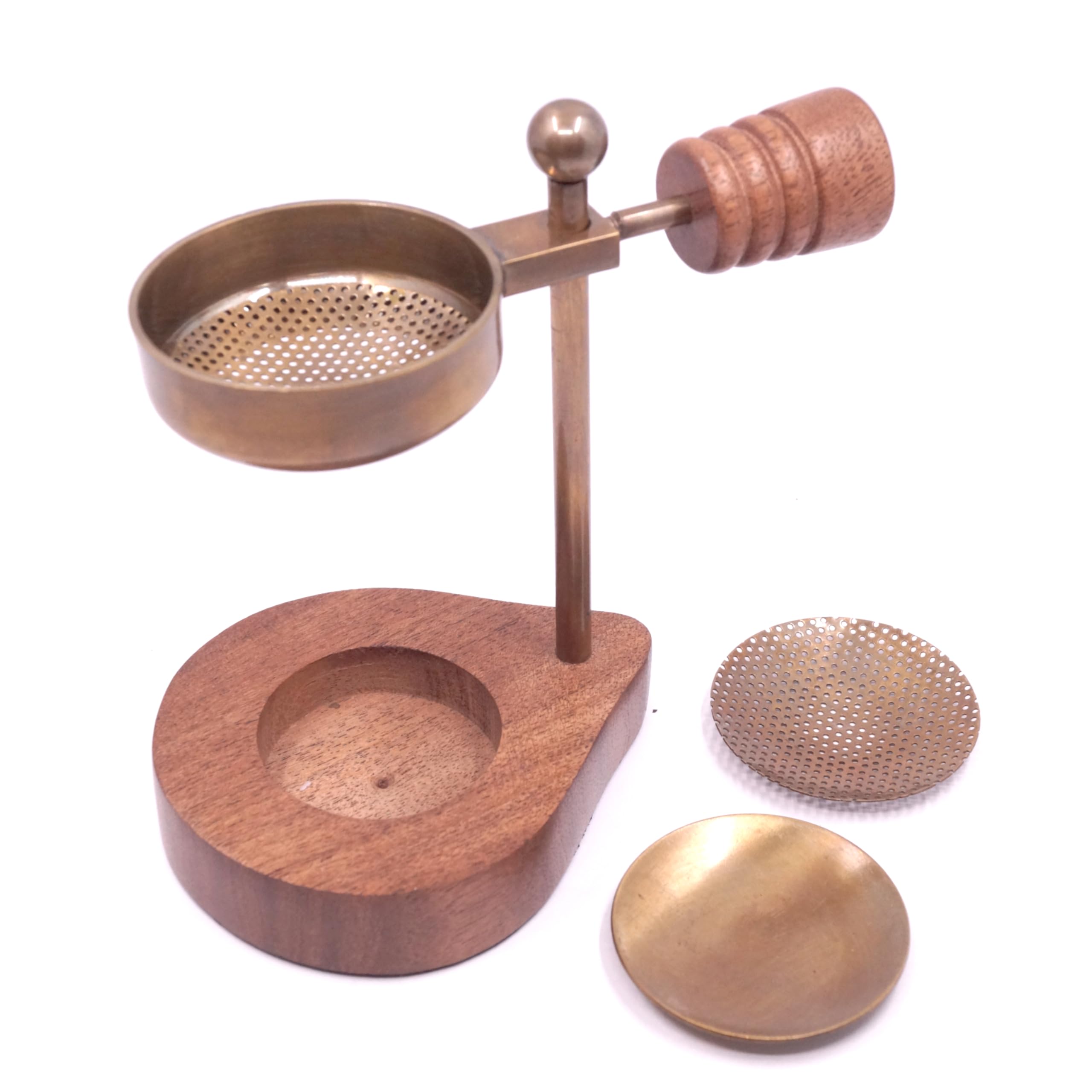 Farbenwald incense burner, height adjustable, for smoking resins, woods and leaves, with extra sieve, made of brass with wooden base
