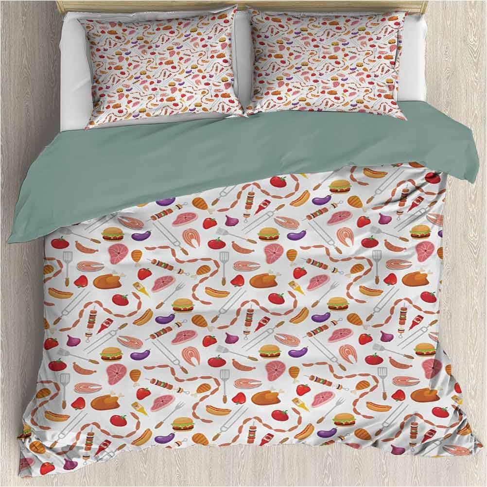 Waynekeysl BBQ Party Bedding Set Includes 1 Comforter and 2 Pillow Shams, Light Weight Grilling Themed Food Elements Hamburger Hotdog with Four Corner Straps