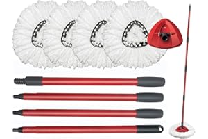 4 Pack Spin Mop Replacement Head with 1 Rotating Mop Base & Handle, EasyWring Refills Compatible with Vileda Replace Head, 10