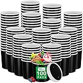 Irenare 100 Pcs 12 oz Ice Cream Paper Cups with Lids Disposable Dessert Bowls Hot Soup Containers Kraft Paper Food Containers for Easter Wedding Cold and Hot Foods Sundae Yogurt