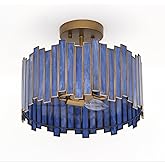 Wrlmfy Antique Brass Ceiling Light Fixture in Drum Shape, 12.5” Modern Semi Flush Mount Tiffany Lamp with Blue Purple Glass, 
