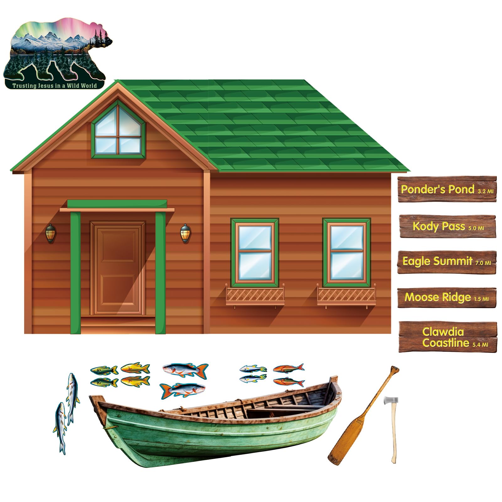 Photo 1 of Marspark 6 Pcs Welcome Back to School Bulletin Board Backdrops Paper North Poster Trust Jesus in a Wild World Backdrop Aurora Fishing Boat Decorative Background for Classroom Office VBS Decorations