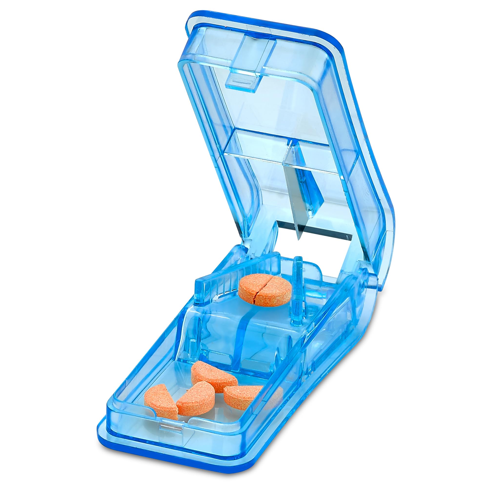 Pill Cutter - V- Grip Pill Crusher and Cutter for Vitamins, Big & Small Pills, and Medication - Transparent Pill Splitter with Pill Holder Case to Split