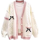 FindThy Women’s Kawaii JK School Uniform Cardigans Long Sleeve Button Up Cardigan with Pinned Bowknot