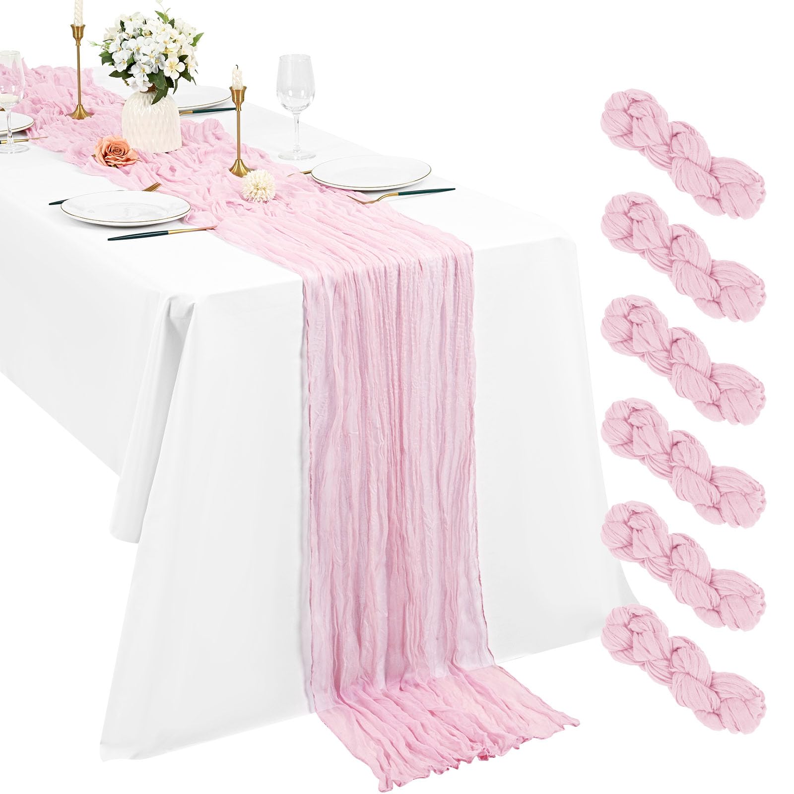 6 Pack Light Pink Cheesecloth Table Runner, 10Ft Boho Gauze Runner 21×120 Inch Rustic Romantic Long Runner for Wedding Party Bridal Shower Thanksgiving Christmas Decoration