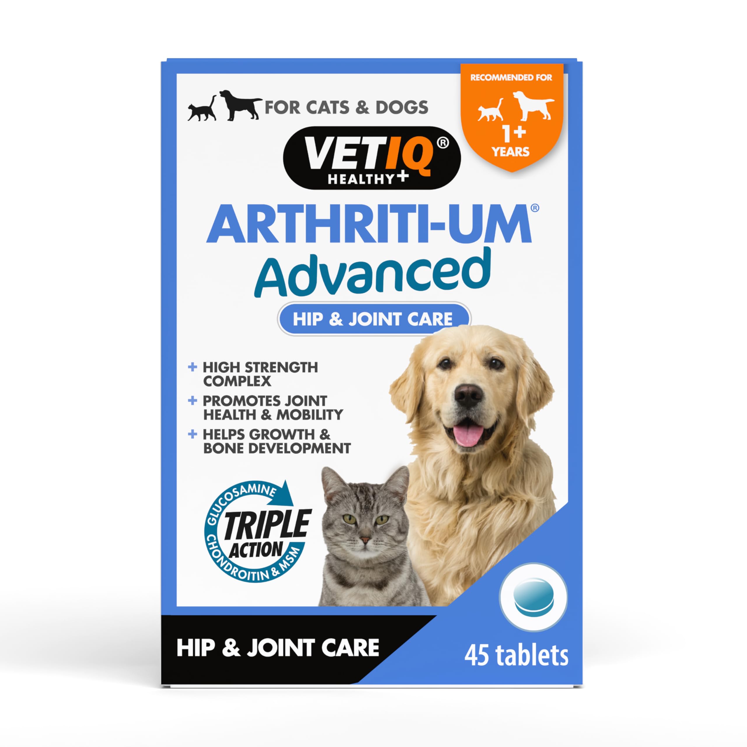 VETIQ Arthriti-Um Advanced Hip & Joint Care Supplements For Cats & Dogs, Promotes Joint Health & Mobility, 45 Tablets (Pack of 1)
