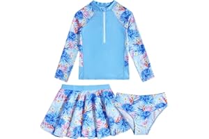 VIEILLE Girls Swimsuit 3-Piece Zipper Rash Guard UPF 50+ Long Sleeve Skirt Set Bathing Suit Size 6-12 Years