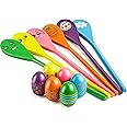 JOYIN Easter 12PCS Egg and Spoon Race Game Set, 6 Woodeen Egg and Spoons with Assorted Colors Outdoor Games, Party Favor Supplies