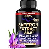 Natural Saffron Supplements - Pure Saffron Extract 88.5 mg - Made in USA - Mood | Focus | Vision | Energy Support - Eye Health for Women & Men - NonGMO Vegan Pills - 90 Powder Capsules, 3 Month Supply