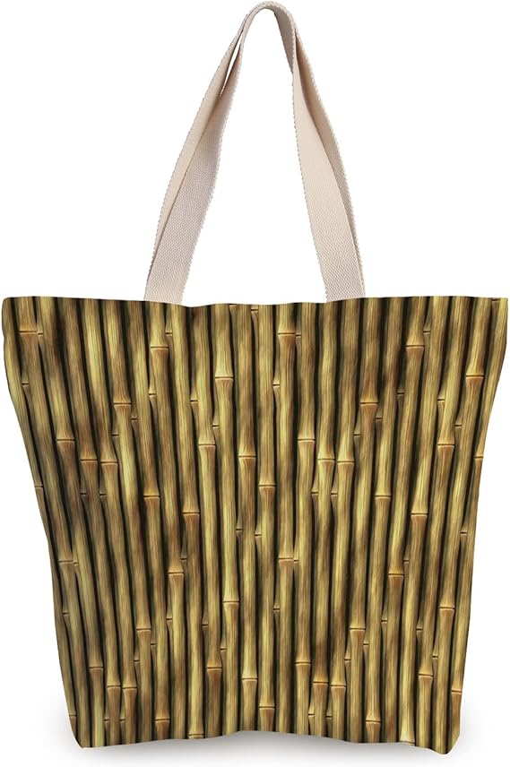 Elegante bolsa de lona de color beige, bastones de bambú tropicales