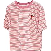 SweatyRocks Women's Strawberry Graphic Tees Striped Print T Shirts Casual Crew Neck Short Sleeve Summer Tops