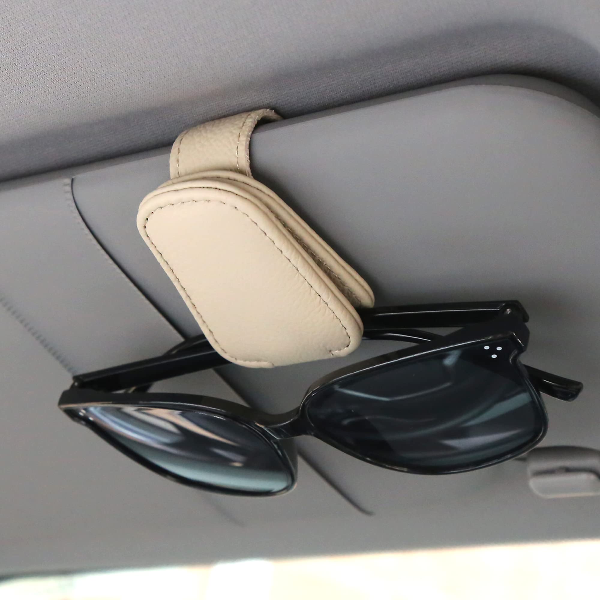 Photo 1 of KIWEN Sunglasses Holders for Car Visor, Magnetic Leather Glasses Eyeglass Clip for Car, Ticket Card Clip Sunglasses Mount, Car Visor Accessories Gadgets (1, Beige)