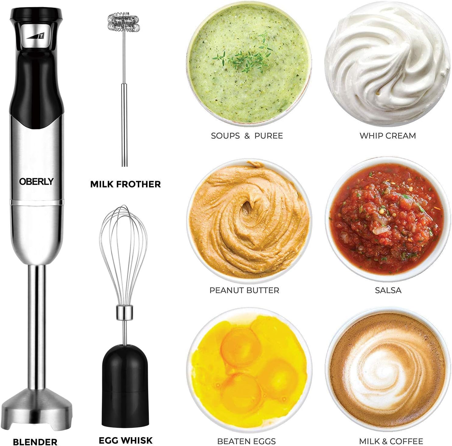 Immersion Hand Blender, OBERLY 3 in 1 Set 500 Watt Smart Stepless Speed Control Multi-Purpose Handheld Stick Blender, Heavy Duty Copper Motor Brushed Stainless Steel Finish With Whisk, Milk Frother Attachments: Kitchen & Dining