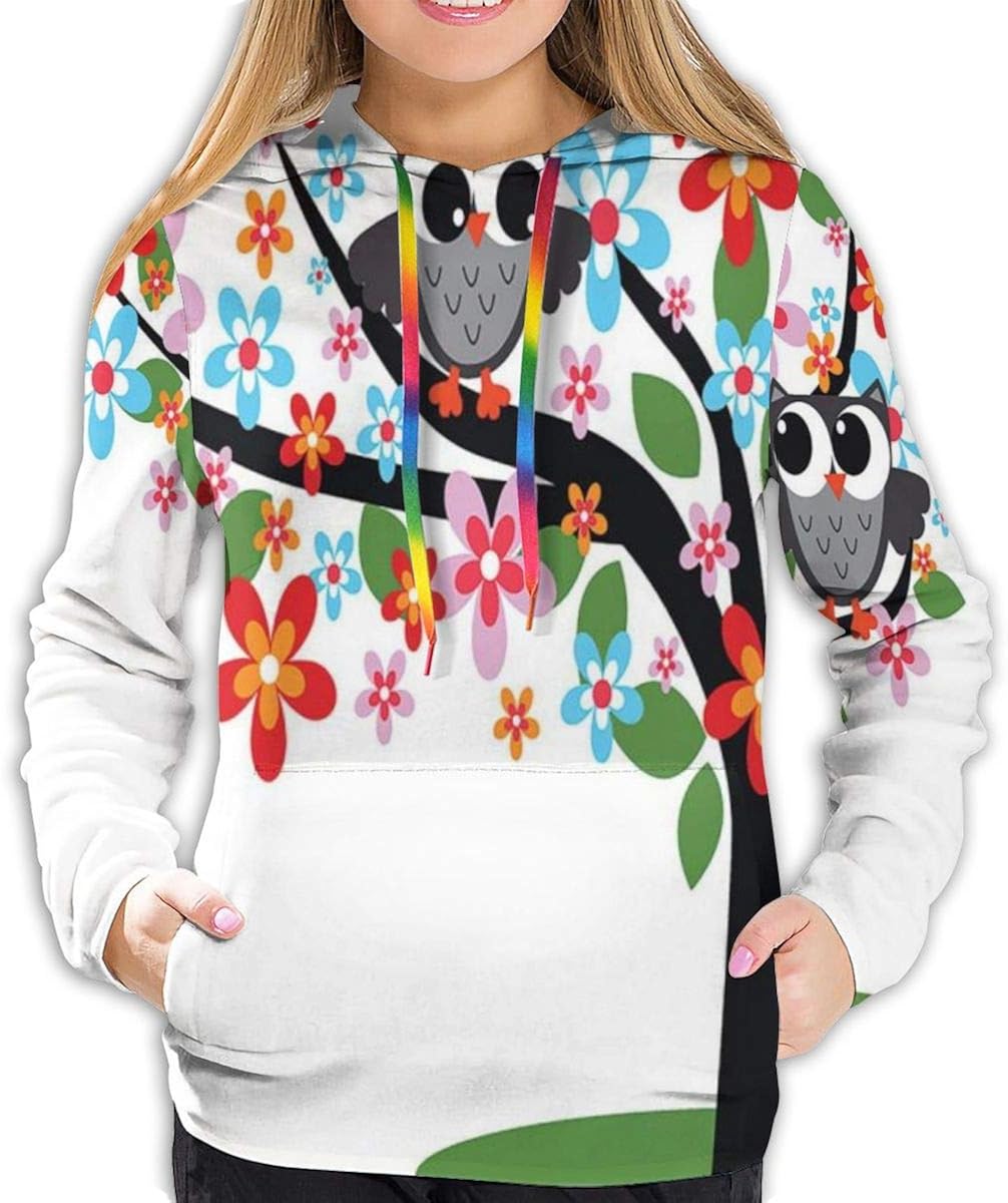 Women's Hoodies Tops, Two Flirty Owls On A Tree with Colorful Flowers