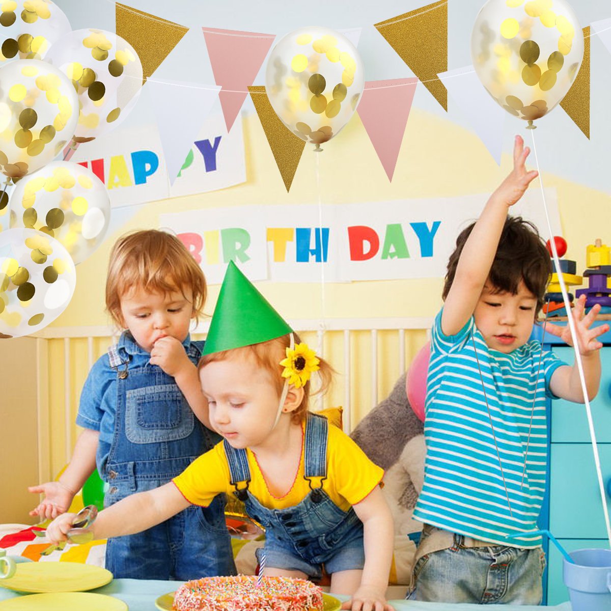 JER Gold Confetti Balloons, 16Pcs Party Decor Balloons Circle Confetti Filled with 12 inches Bonus Handmade Banner for Wedding Birthday Party Festival Decorations(16 Pcs Balloons + Pennant Garland)