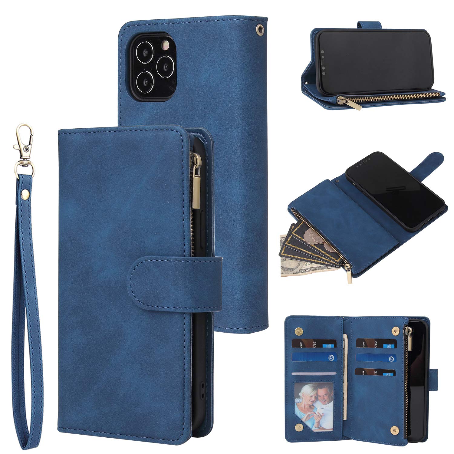 UEEBAI Wallet Case for iPhone 12 Pro Max 6.7 inch, Premium Vintage PU Leather Magnetic Closure Handbag Zipper Pocket Case Kickstand Card Holder Slots with Wrist Strap TPU Shockproof Flip Cover - Blue — image 1