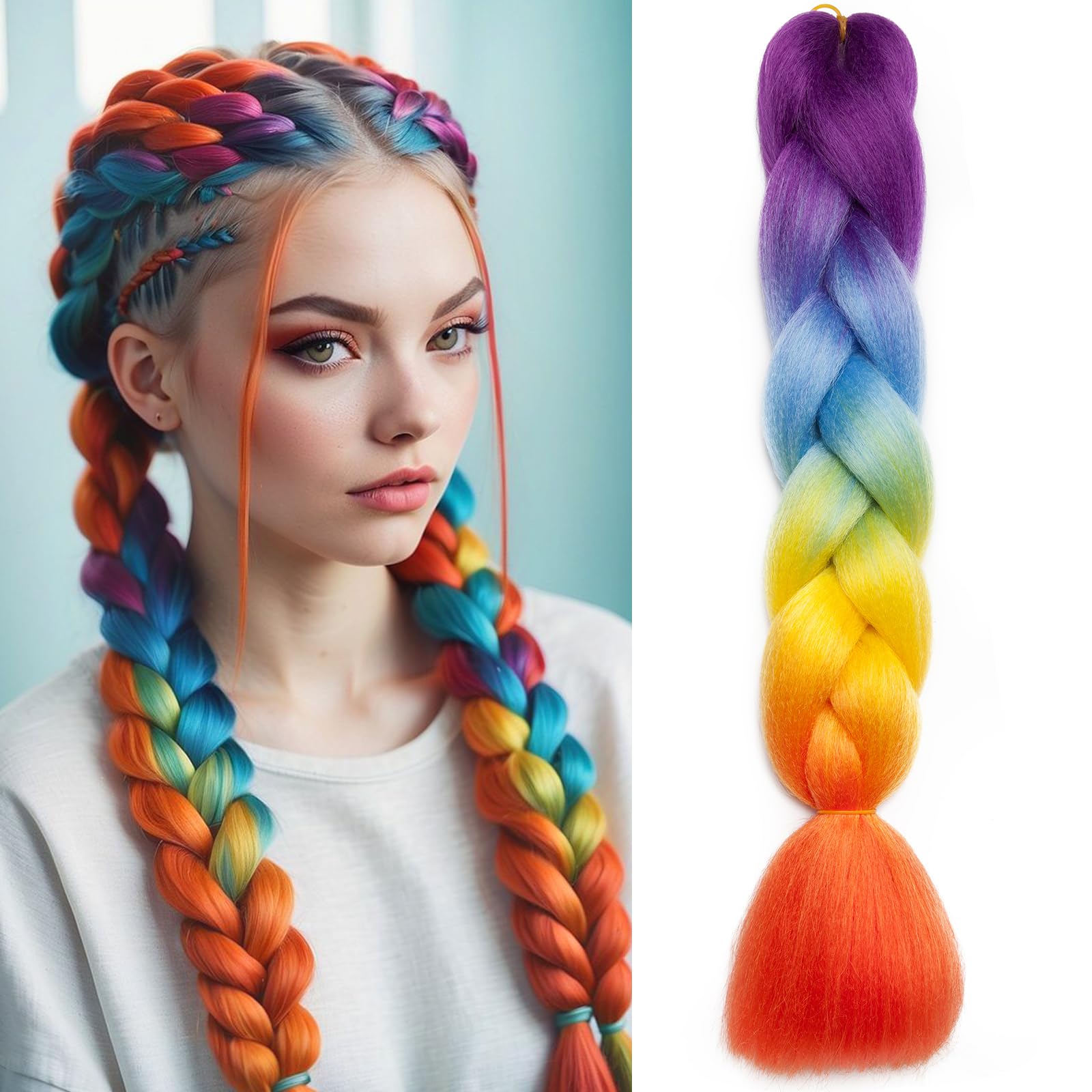 Silk-co Jumbo Braid Synthetic Hair 24 inch Hair Braiding Extensions Premium Jumbo Braids [100g, Purple-Blue-Yellow-Orange] — image 1