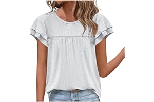 GOFLIC Summer Tops for Women Eyelet Ruffle Sleeve Blouses Solid Color Babydoll Shirts Casual Loose Crewneck Tunic Tops