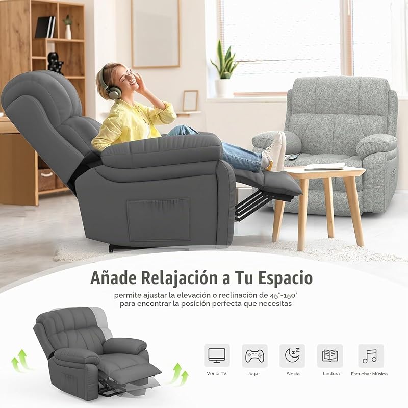 Sillón Relax Reclinable para Personas Mayores, con Masaje y Calor, Reposapiés Extensible, Puertos USB tipo C+, Portavasos Ocultos y dos bolsillos laterales,Reclinable Extragrande tipo Sofá para salón