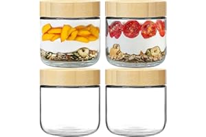 Oillase 4-pack 10oz Glass jars with Airtight Lids, Overnight Oats Containers with Bamboo Lids, Wide mouth Mason Salad jars, G