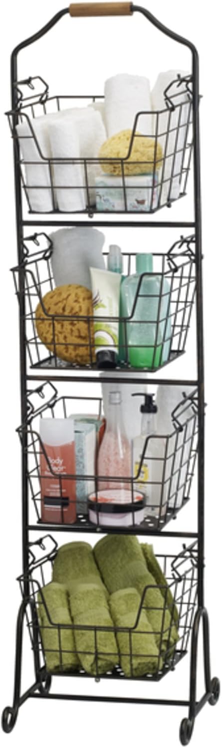 Gourmet Basics by Mikasa Ferme 4-Tier Metal Floor Standing Fruit/Home Storage Market Basket, Large, Antique Black: Kitchen & Dining