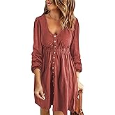 BTFBM Casual Fall Dresses for Women 2025 Long Sleeve Button Down Crew Neck Empire Waist A Line Mini Short HOCO Dress