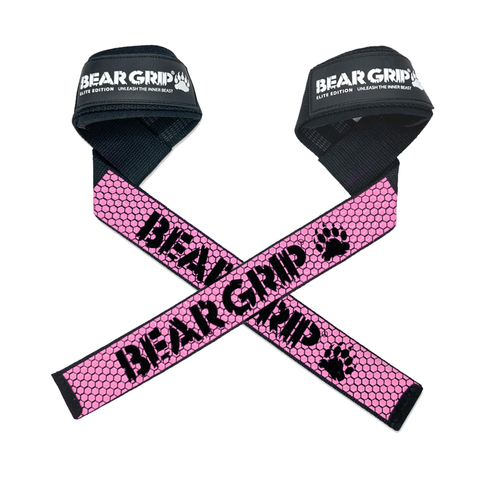 BEAR GRIP Straps - Premium Neoprene Padded Heavy Duty Double Stitched Weight Lifting Straps, Deadlift, Gym Accessories for Men and Women, Advanced Gel Grip, 100% cotton, Extra long length (Black/Pink)