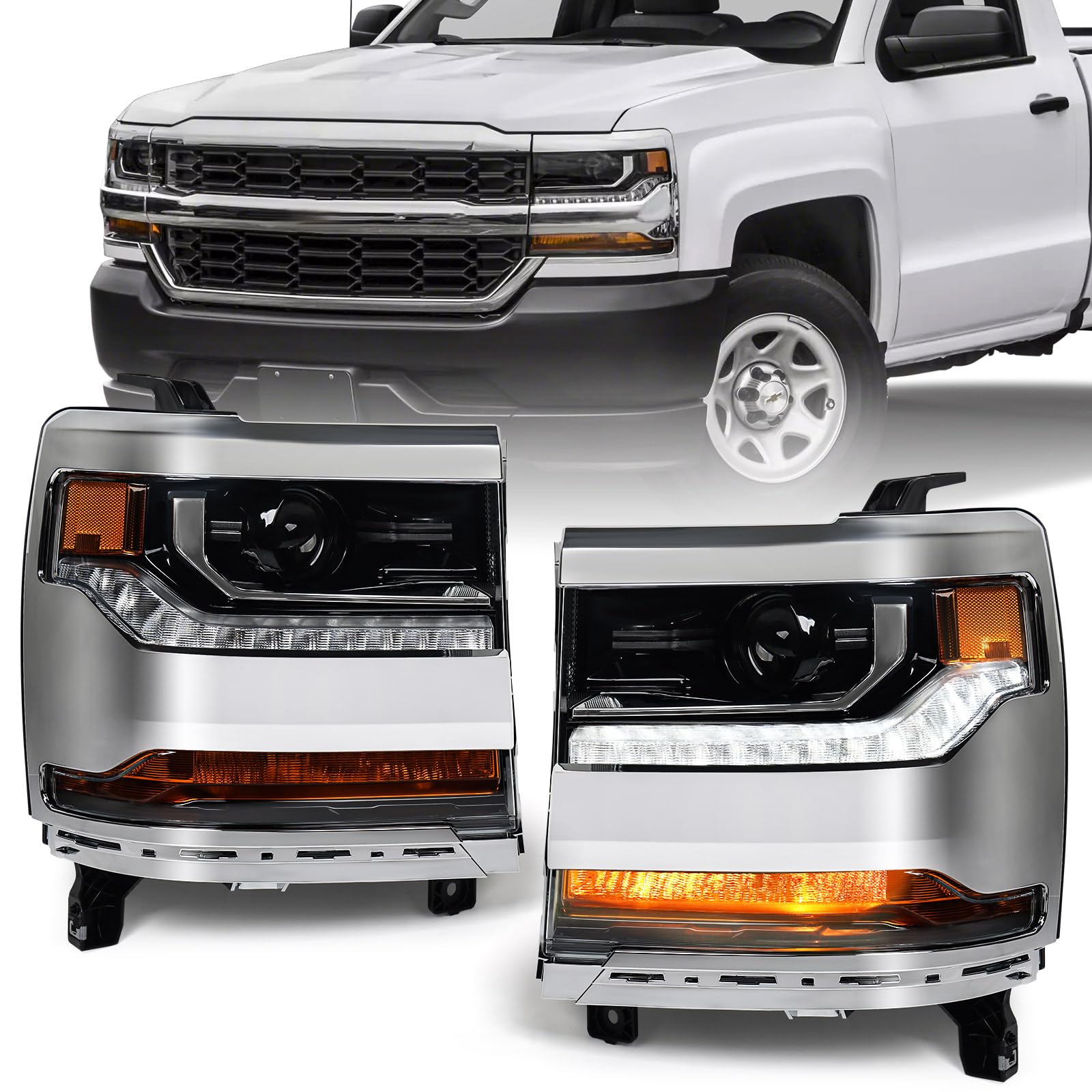 Photo 1 of VLINCAR Headlight Assembly Compatible with Chevy Silverado 1500 2016 2017 2018 (Hid/Xenon Model) Factory Replacement Head Light Lamp Chrome Housing Driver & Passenger Side Pair