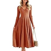 Saodimallsu Womens Long Sleeve Midi Sweater Dress Wrap V Neck Pleated A Line Fit Flare Elegant Knit Maxi Dress