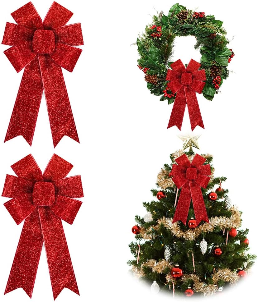 Bows & Ribbons - ALIBBON 2 Pcs Christmas Bows for Wreaths, Christmas Wreath Bows, Glittering Bows, New Year Red Bows for Front Door, Christmas Decor, Craft Bows for Wreath Indoor Outdoor Wall Decorations