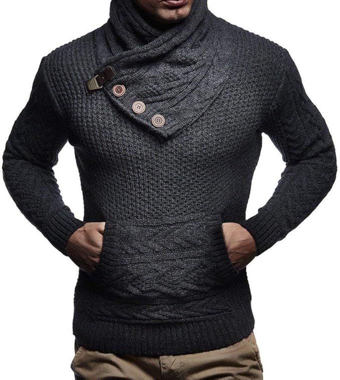 Mens Turtleneck Cable Knit Chunky Pullover Sweaters Button Up Long