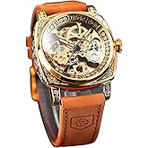 FORSINING Square Luxury Retro Mechanical Watch for Men, Gorgeous Hollow Skeleton Self-Wind Carved Automatic Watches Vintage Leather Strap Wristwatch Silver Dail Black Strap