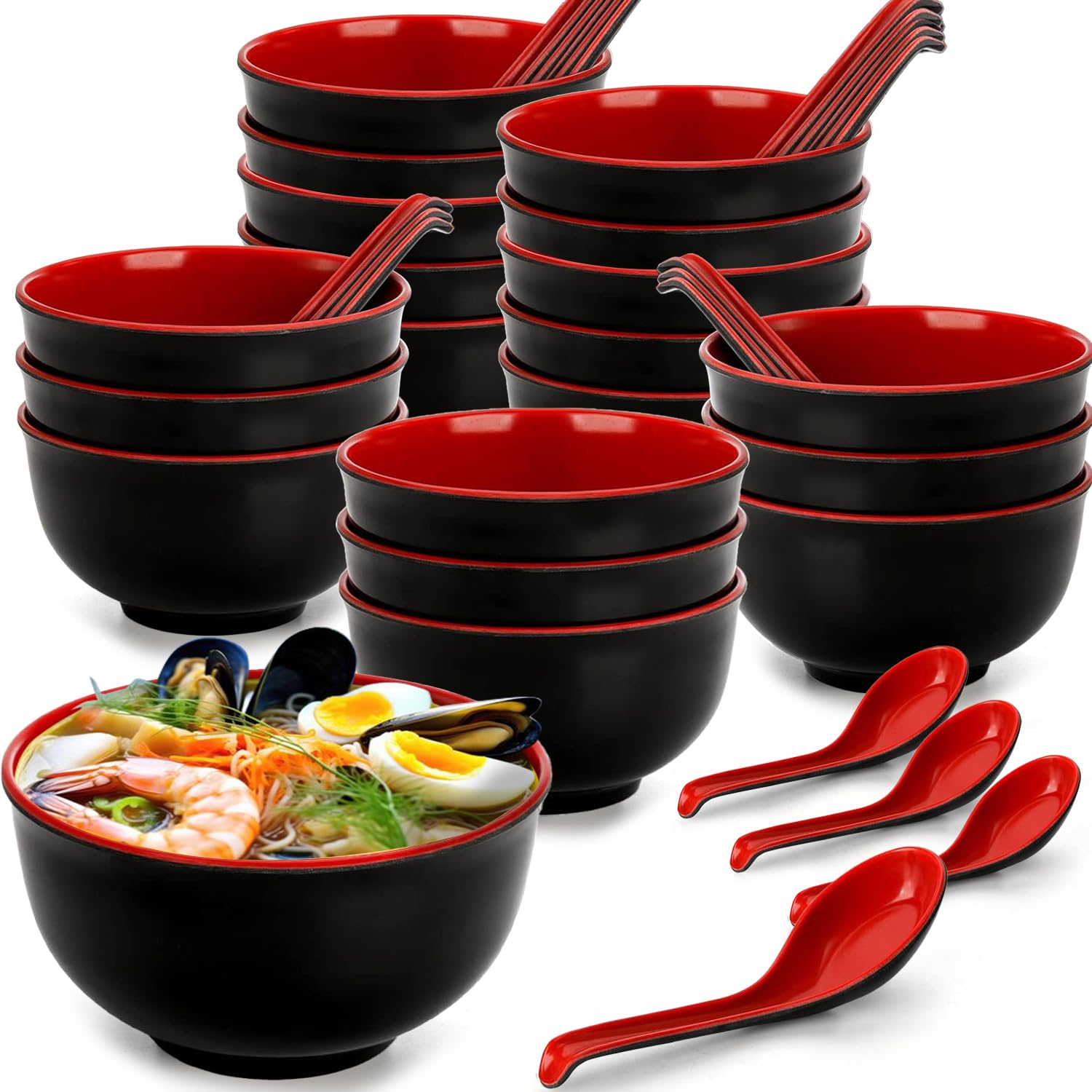 Photo 1 of *MISSING PARTS*
LOSYHU 17 Pack Miso Soup Bowls with 20 Spoons, 16 Oz Japanese Melamine Noodle Bowl Unbreakable Miso Soup Cereal Bowls or Ramen, Udon, Soba, Pho (Black/Red)