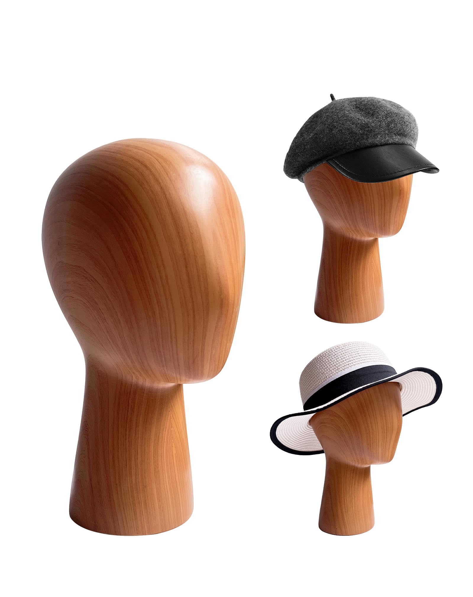 TINGSING Mannequin Head, GFRP Hat Display Stand, Imitation Wooden Wig Stands 22 Inch, Abstract Manikin Model Hat Holder Rack for Shop, Hair Salon, Home Decor, Stable Base, Short