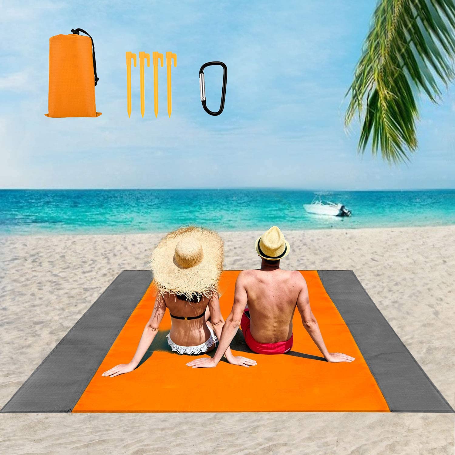 Beach Blanket,Foldable Portable Pocket Blanket,Oversize Picnic Blanket Camping Mat,Beach Blanket Waterproof Sandproof,With Storage Bag,Carabiner And 4 Fixing Nails,Suitable For Beach,Camping,Picnic