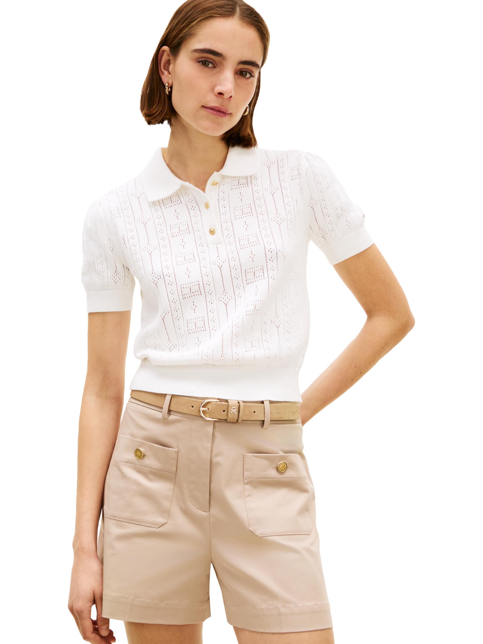 Tommy Hilfiger Women’s Pointelle Puff Sleeve Polo Sweater,Ecru Small