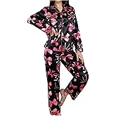 Verdusa Women's Silk Pajamas 2 Piece Satin Cute Bow Long Sleeve Button Down Shirt and Pants Lounge Set